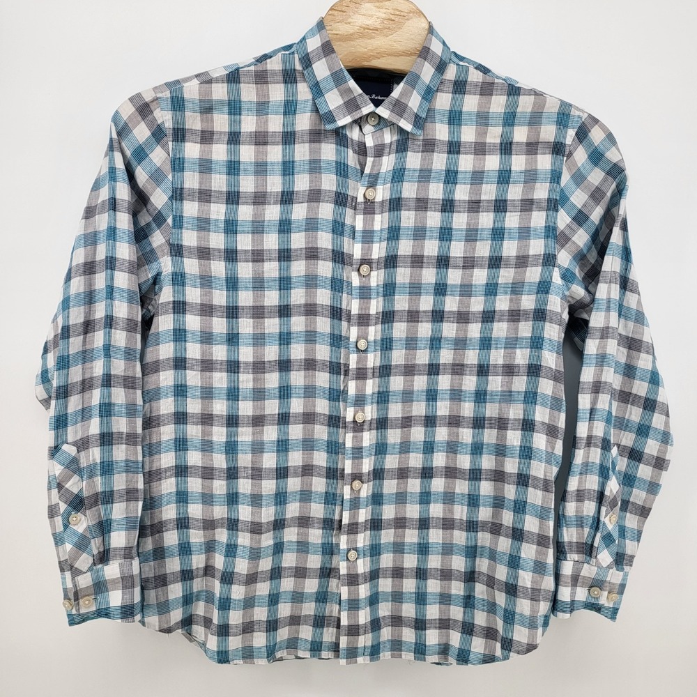 Tommy Bahama 100% Linen Shirt Mens Large Plaid Button Up Long Sleeve Green Gray - Picture 2 of 9
